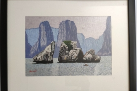 Hand-embroidered painting - The kissing rocks of Ha Long bay (big size)